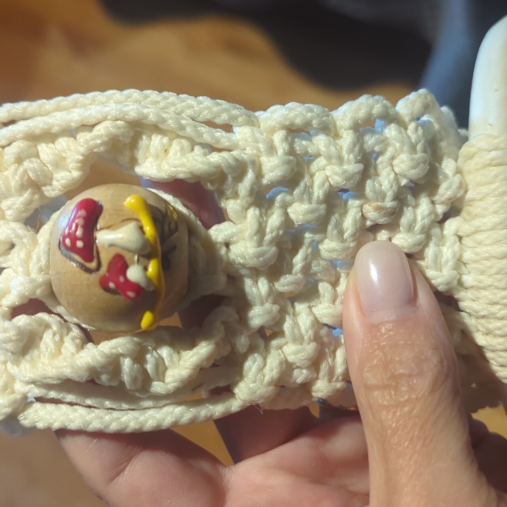 Vintage Handcrafted Macrame Towel Hanger And Handpainted Wooden Letter Holder.